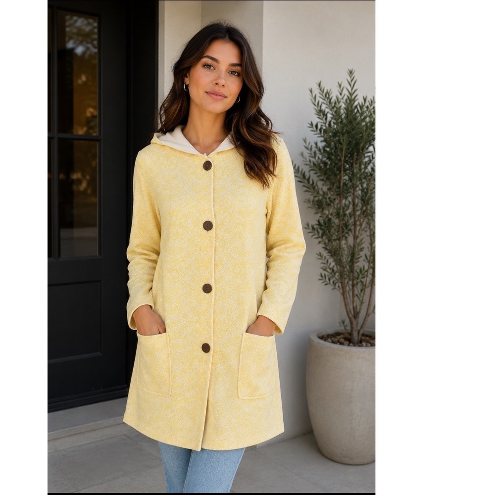 NWT Isis Bella Hoodie Yellow Paisley Button Front‎ Long Cardigan Jacket Large